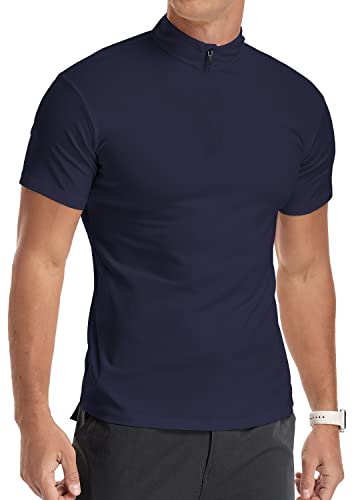 YTD Men's Casual Slim Fit Shirts Pure Color Short Sleeve Polo Fashion T-Shirts M Navy - Image 5