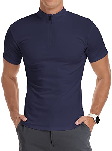YTD Men's Casual Slim Fit Shirts Pure Color Short Sleeve Polo Fashion T-Shirts M Navy - Image 3
