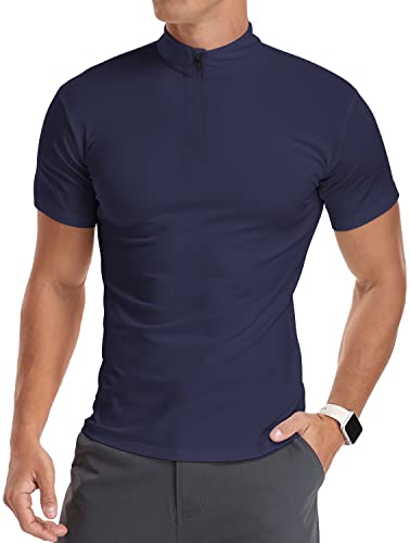YTD Men's Casual Slim Fit Shirts Pure Color Short Sleeve Polo Fashion T-Shirts M Navy - Image 4