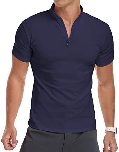 YTD Men's Casual Slim Fit Shirts Pure Color Short Sleeve Polo Fashion T-Shirts M Navy - Image 1