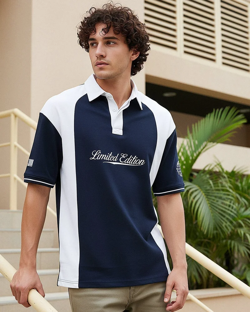 bewakoof Men's Navy Blue & White Color Block Oversized Polo T-shirt