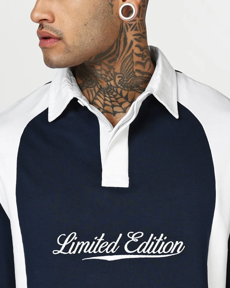 bewakoof Men's Navy Blue & White Color Block Oversized Polo T-shirt