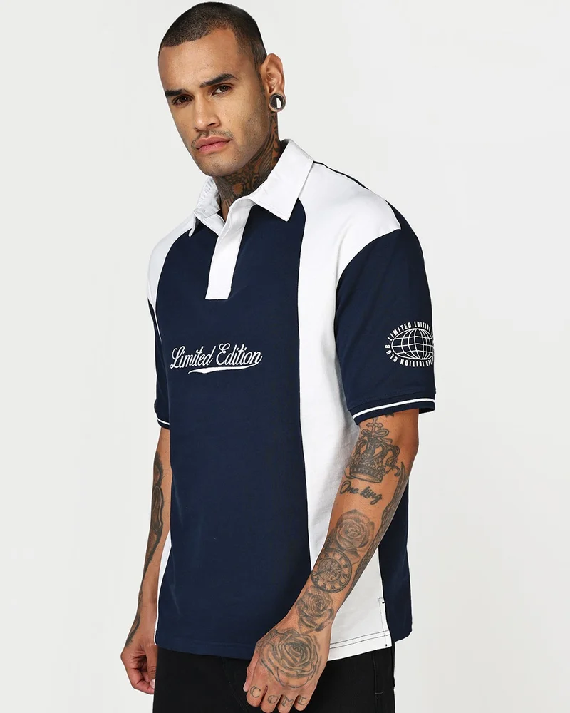 bewakoof Men's Navy Blue & White Color Block Oversized Polo T-shirt