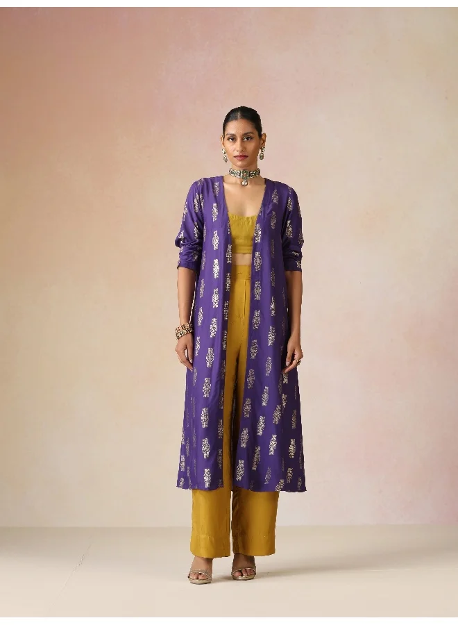 trueBrowns trueBrowns Mustard and Purple Gold Foil Print Muslin Silk Jacket Set
