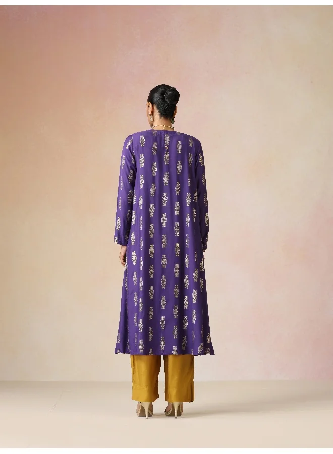 trueBrowns trueBrowns Mustard and Purple Gold Foil Print Muslin Silk Jacket Set