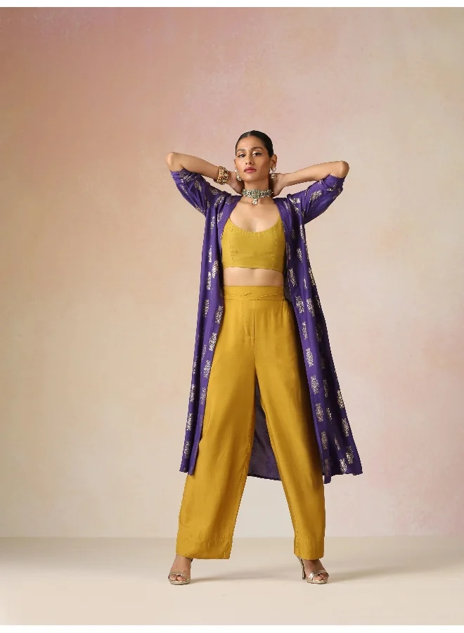 trueBrowns trueBrowns Mustard and Purple Gold Foil Print Muslin Silk Jacket Set