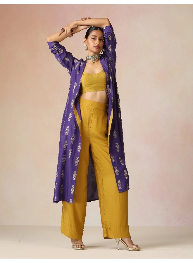 trueBrowns trueBrowns Mustard and Purple Gold Foil Print Muslin Silk Jacket Set