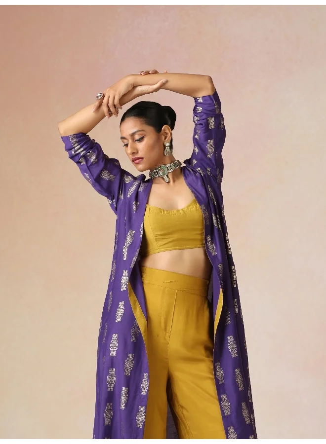 trueBrowns trueBrowns Mustard and Purple Gold Foil Print Muslin Silk Jacket Set