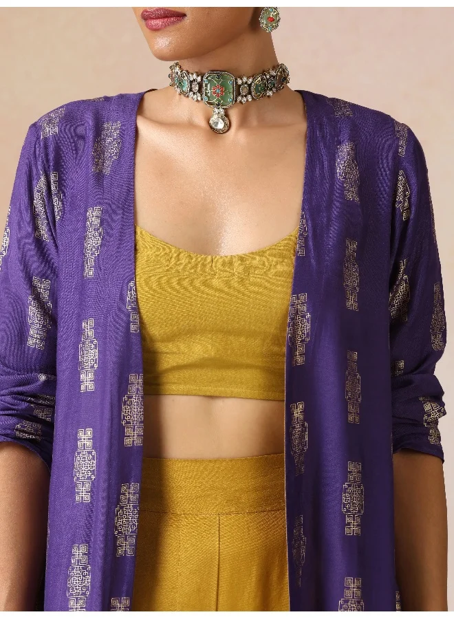 trueBrowns trueBrowns Mustard and Purple Gold Foil Print Muslin Silk Jacket Set