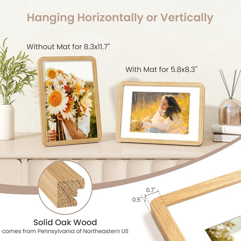 FLYJOE A4 Solid Oak Wood Photo Frame | A4 Picture Frame With Mat For A5 | Plexiglass And Hanging Hardware Included | Natural Oak, 1 Pack - Image 3