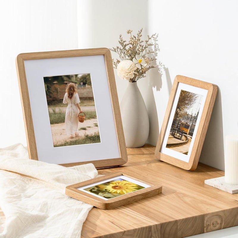 FLYJOE A4 Solid Oak Wood Photo Frame | A4 Picture Frame With Mat For A5 | Plexiglass And Hanging Hardware Included | Natural Oak, 1 Pack - Image 2