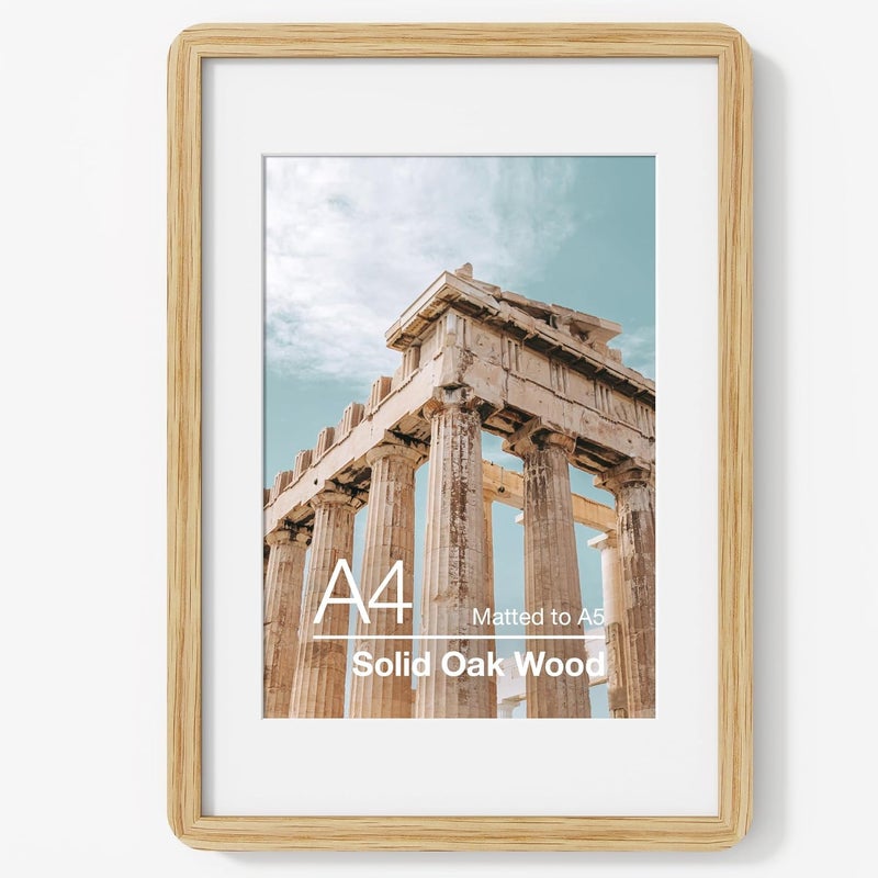 FLYJOE A4 Solid Oak Wood Photo Frame | A4 Picture Frame With Mat For A5 | Plexiglass And Hanging Hardware Included | Natural Oak, 1 Pack - Image 1
