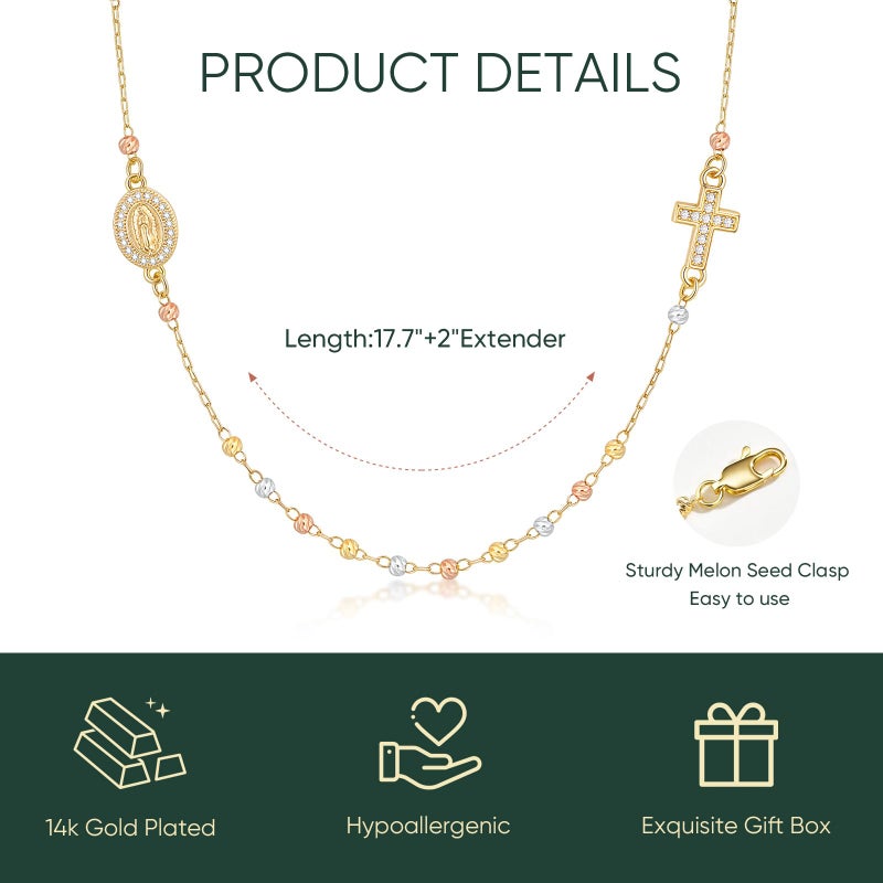 XUANPAI Gold Rosary Beads Cross Necklace - 14k Gold Plated Virgin Mary Necklaces,Non Tarnish Golden Catholic Virgen de Guadalupe Choker Jewelry,Religious Rosarios Catolicos Baptism Confirmation Gift for Women - Image 4