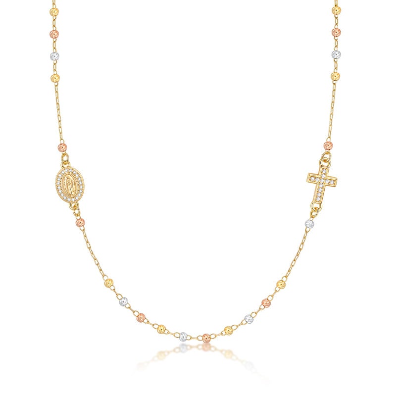 XUANPAI Gold Rosary Beads Cross Necklace - 14k Gold Plated Virgin Mary Necklaces,Non Tarnish Golden Catholic Virgen de Guadalupe Choker Jewelry,Religious Rosarios Catolicos Baptism Confirmation Gift for Women - Image 1