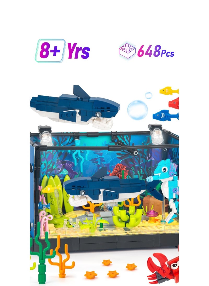 إكسفور مجموعة بناء حوض السمك، حوض أسماك مبتكر مع سمكة قرش، لعبة يمكنك تجميعها بنفسك للبالغين والأولاد والبنات من عمر 8 سنوات فما فوق، تتضمن الضوء، 648 قطعة. - Image 1