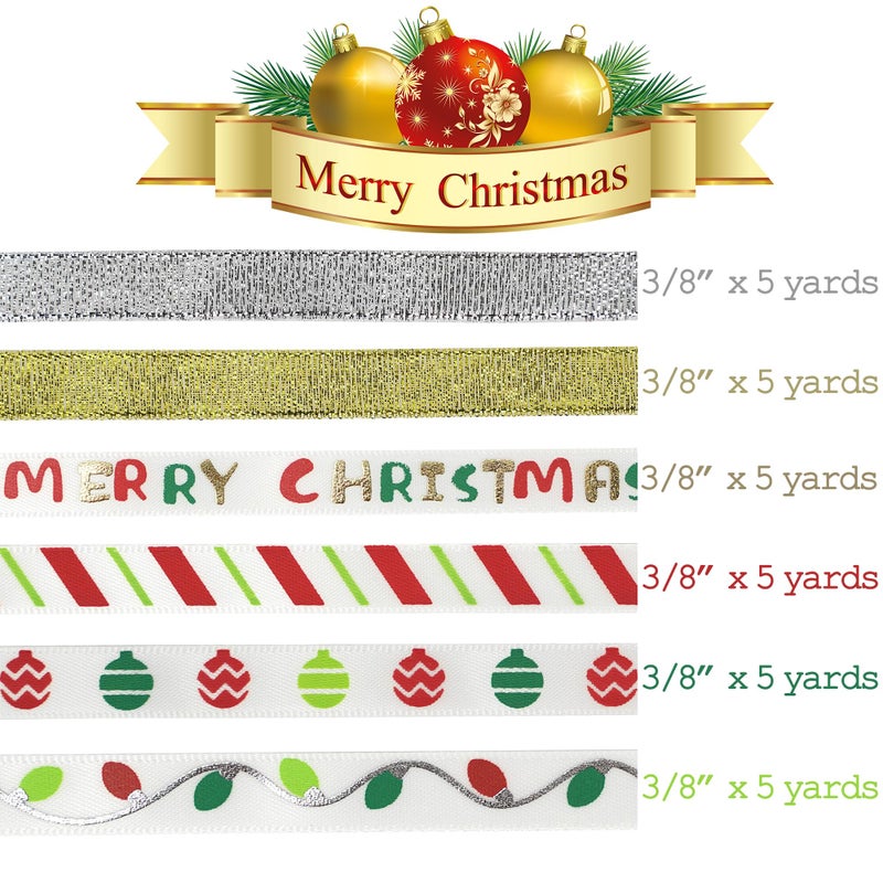 MEEDEE Christmas Ribbon 3/8 inch Thin Holiday Ribbon Set in Red, Green, White, Gold & Silver Color 12 Rolls 60 Yards Perfect for Gift Wrapping, Xmas Wreath Decor, Garlands, and Holiday Crafts - Image 3