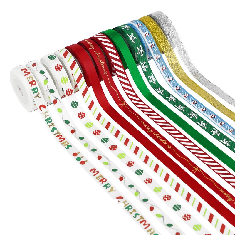MEEDEE Christmas Ribbon 3/8 inch Thin Holiday Ribbon Set in Red, Green, White, Gold & Silver Color 12 Rolls 60 Yards Perfect for Gift Wrapping, Xmas Wreath Decor, Garlands, and Holiday Crafts - Image 1