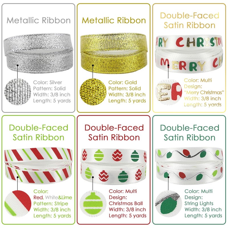MEEDEE Christmas Ribbon 3/8 inch Thin Holiday Ribbon Set in Red, Green, White, Gold & Silver Color 12 Rolls 60 Yards Perfect for Gift Wrapping, Xmas Wreath Decor, Garlands, and Holiday Crafts - Image 5