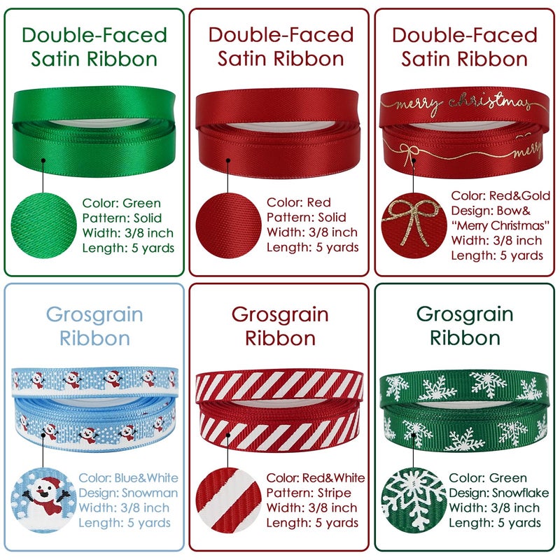MEEDEE Christmas Ribbon 3/8 inch Thin Holiday Ribbon Set in Red, Green, White, Gold & Silver Color 12 Rolls 60 Yards Perfect for Gift Wrapping, Xmas Wreath Decor, Garlands, and Holiday Crafts - Image 4