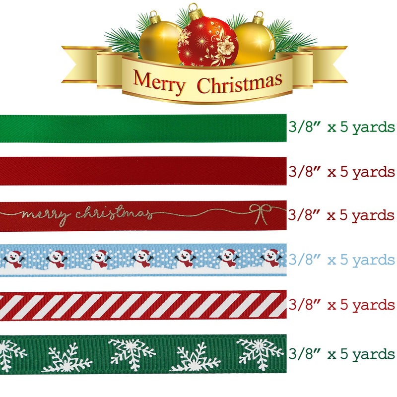 MEEDEE Christmas Ribbon 3/8 inch Thin Holiday Ribbon Set in Red, Green, White, Gold & Silver Color 12 Rolls 60 Yards Perfect for Gift Wrapping, Xmas Wreath Decor, Garlands, and Holiday Crafts - Image 2