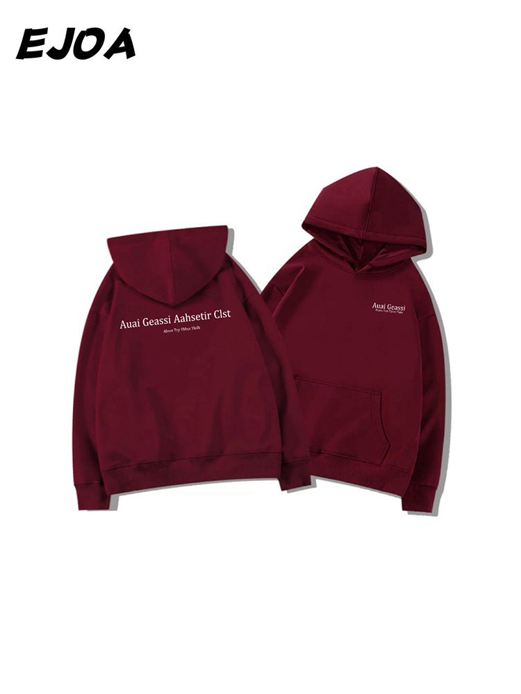 Vintage High Street fleece-lined Hooded Sweatshirt Womens Autumn and Winter 2025 New Loose Lazy Fashion Brand Coat oversize wine red (fleece-lined)
