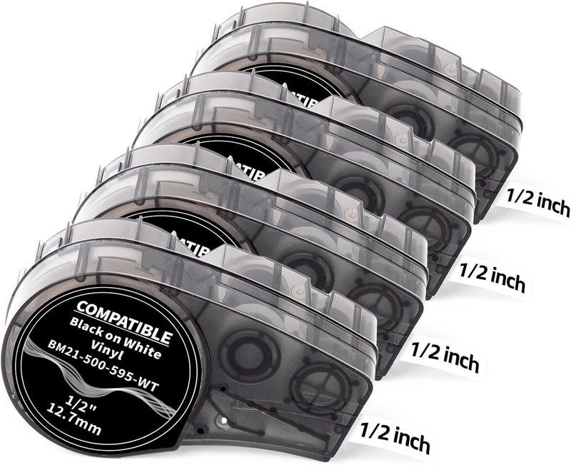 Labelife Replacement for M21-500-595-WT All-Weather Vinyl 1/2 Inch Black on White Label Tape, Work with M210-, M211-, BMP21 Plus, BMP21 LAB Printer, High Adhesion, for Indoor and Outdoor, 4-Pack - Image 1