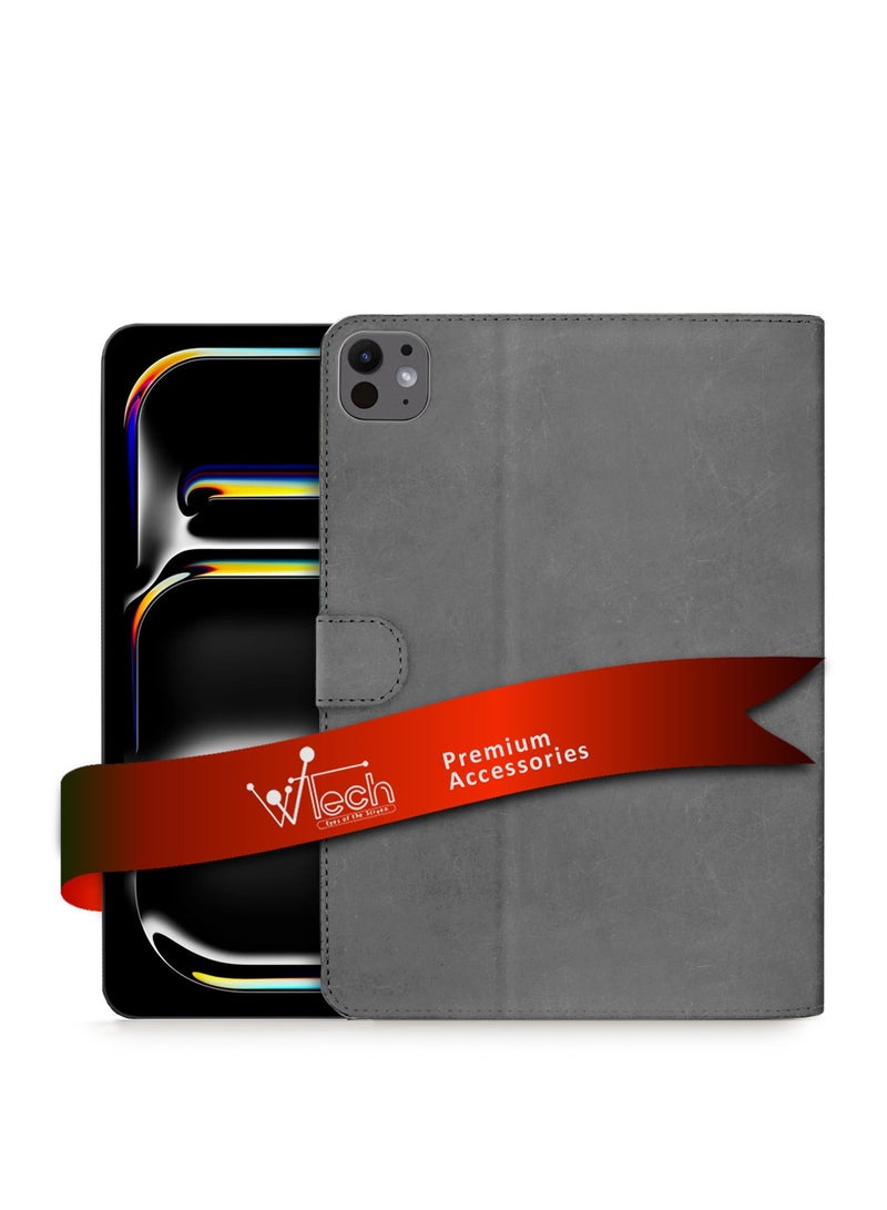 Wtech Apple iPad Pro 11 5G 2024 (5th Gen) 11 inch / Apple iPad Pro 11-inch (M5) 2025 WTech PU Leather Magnetic Closure Flip Case Cover - Grey - Image 1