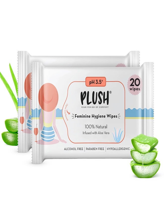 Plush All Natural 100% Biodegradable Intimate Vaginal Wipes for Daily Use || Infused with Aloe Vera || Maintains pH Balance || 40 count (2 * Pack of 20) - Image 1