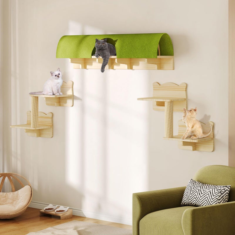 Homiflex Cat Wall Shelves, 7-in-1 Solid Wood Wall-Mounted Cats Furniture Set with Scratching Post, Cat Climbing Wall Systems with 40''L Tunnel, Steps, Cats Shelf Furniture - Image 1