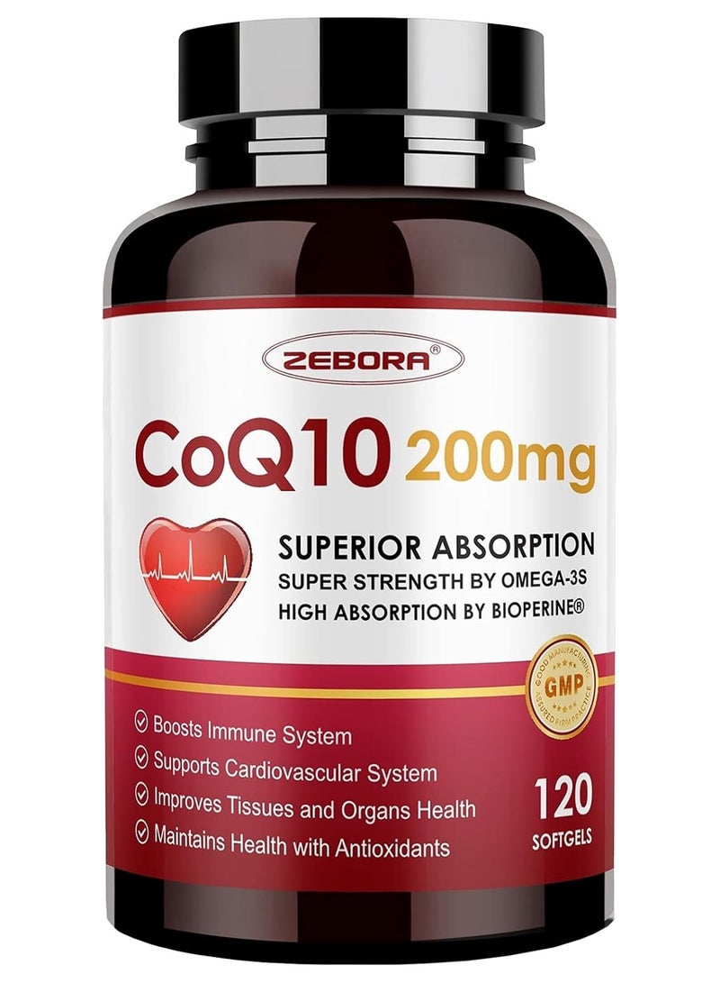 ZEBORA CoQ10-200mg-كبسولات هلامية مع PQQ، BioPerine وأوميغا 3، 120 حصة من الإنزيم المساعد Q10 (Ubiquinone) لامتصاص عالي، ومضادات أكسدة قوية، ودعم القلب وإنتاج الطاقة