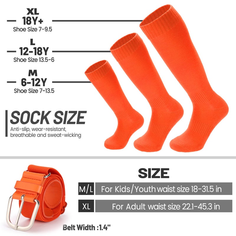Ultrafun Baseball/Softball Socks and Belt Combo Set for Kids Youth Adult (M, Orange) - Image 3
