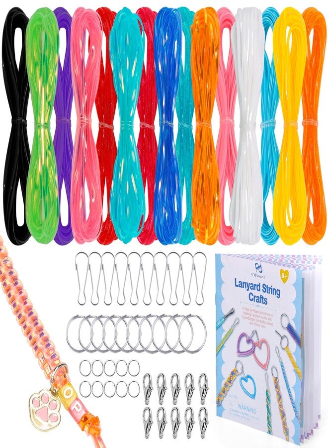 PP OPOUNT Plastic Lanyard String Kit, 15 Gimp String with 40 Keychain Accessories and Detailed Instructions, Boondoggle String for DIY Bracelets, Keychains and Lanyard(Solid/Glitter/Laser Color) - Image 1