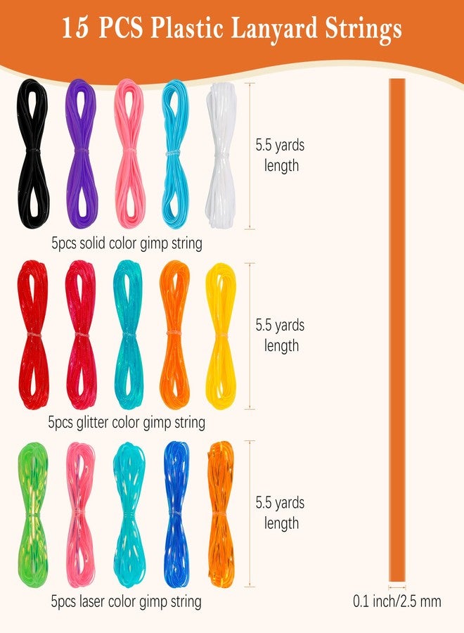 PP OPOUNT Plastic Lanyard String Kit, 15 Gimp String with 40 Keychain Accessories and Detailed Instructions, Boondoggle String for DIY Bracelets, Keychains and Lanyard(Solid/Glitter/Laser Color) - Image 2