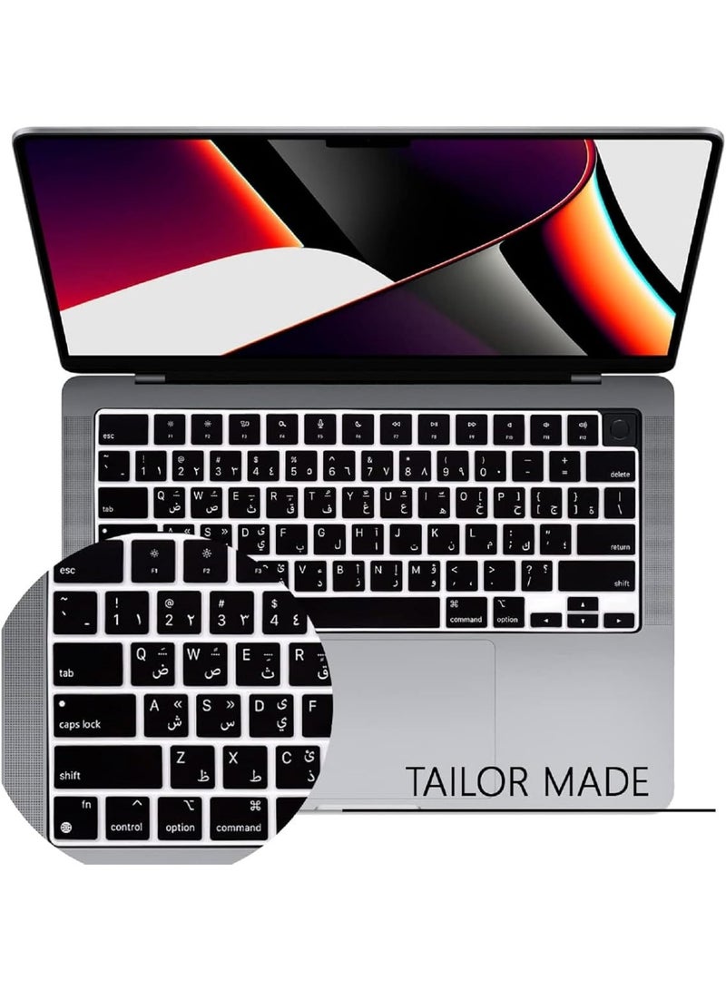 مافانز غطاء لوحة مفاتيح سيليكون بتصميم أمريكي عربي إنجليزي لجهاز MacBook Air 13.6/15.3" A2941/A2681، MacBook Pro 14" موديل A2442/A2779 M1 وMacBook Pro 16" موديل A2485/A2780 M1، باللون الأسود - Image 3