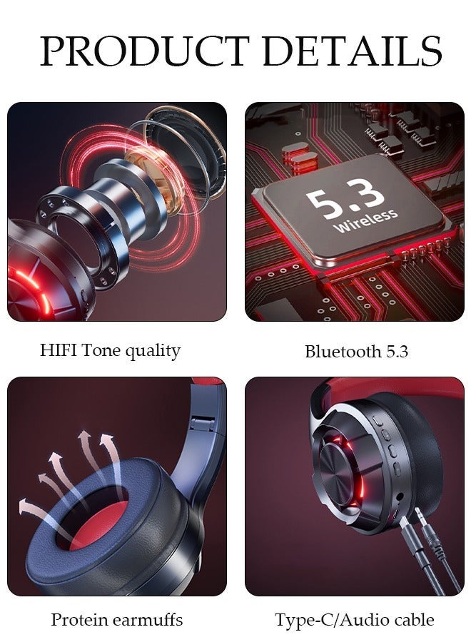 DUNISO Wireless Headphones Bluetooth 5.3 Over Ear Headset With LED Light Gaming Headphones with HiFi Stereo Microphone and Soft Earpads for Cellphone PC Home Office - Image 4