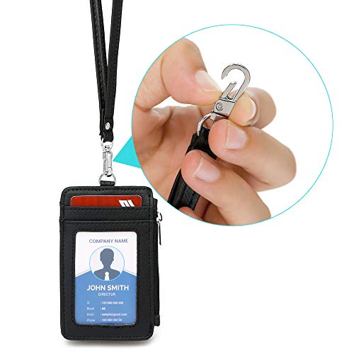 Leamekor ID Badge Holder with Neck Lanyard PU Leather ID Badge Wallet Case with 1 ID Window, 4 Card Slots, 1 Side Zipper Pocket - Image 5