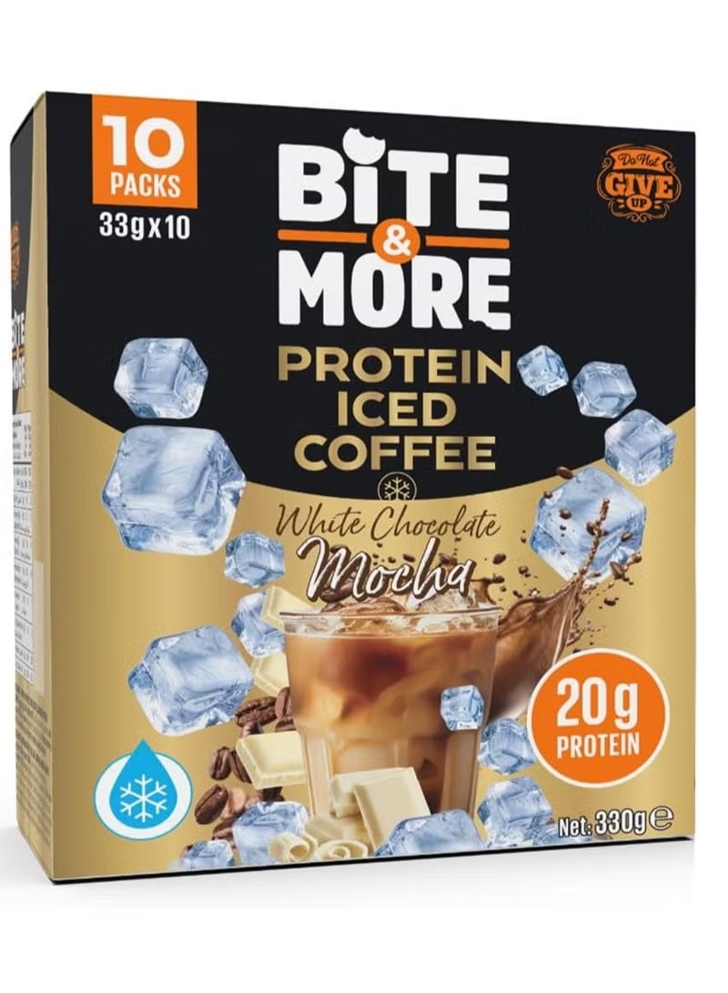 Bite & More White Chocolate Mocha Protein Iced Coffee, 10 x 33g Sachets, 20g Protein, Sugar-Free, Fiber-Rich, Made with Brazilian Coffee Beans - Image 1