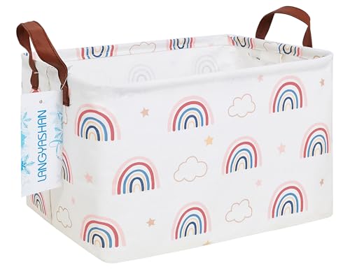LANGYASHAN Rectangular Storage Bin Collapse Canvas Fabric Cartoon Storage Basket with Handles for Organizing Home Kitchen Boys and Girls Toys Office Closet Shelf BasketsRec Cloud Rainbow - Image 1