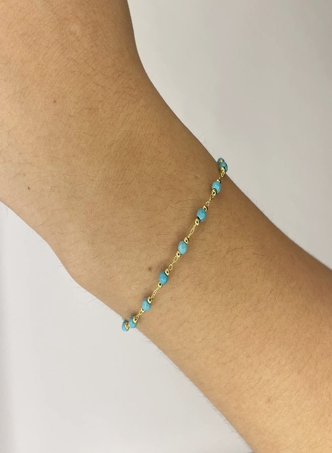 DeScount Dainty Handmade Turquoise Bracelet,Gold Beaded Chain Bracelet,Faceted Turquoise Beads Boho Bracelets for Women,Summer Beach Bohemian Jewelry - Image 4