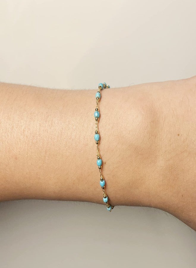 DeScount Dainty Handmade Turquoise Bracelet,Gold Beaded Chain Bracelet,Faceted Turquoise Beads Boho Bracelets for Women,Summer Beach Bohemian Jewelry - Image 2