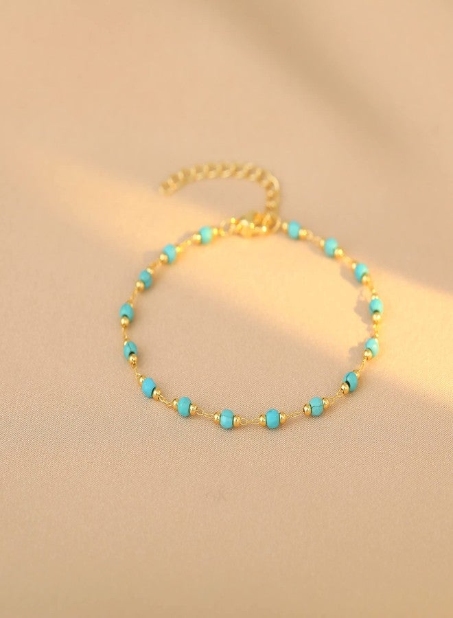 DeScount Dainty Handmade Turquoise Bracelet,Gold Beaded Chain Bracelet,Faceted Turquoise Beads Boho Bracelets for Women,Summer Beach Bohemian Jewelry - Image 5