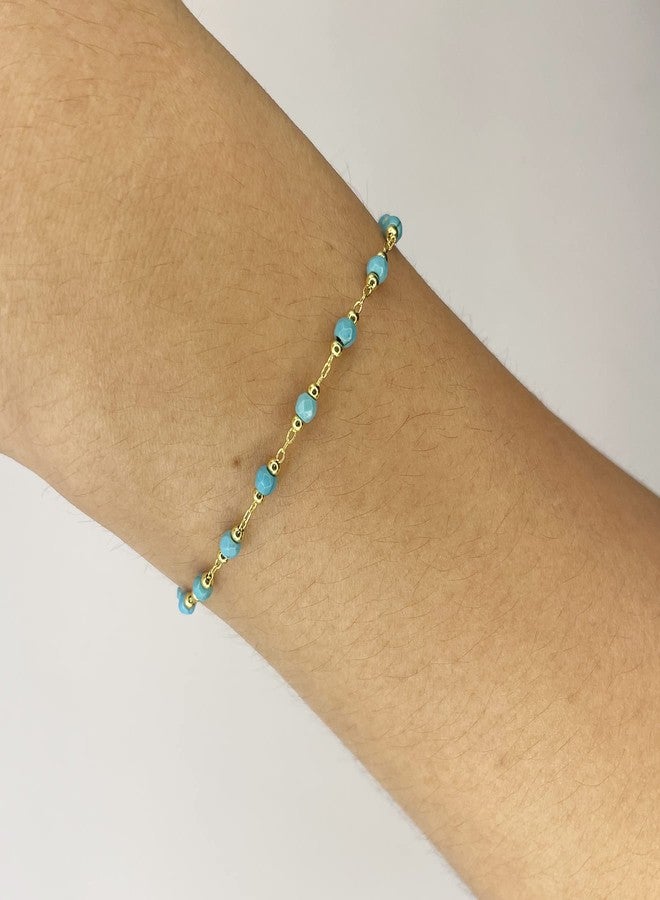 DeScount Dainty Handmade Turquoise Bracelet,Gold Beaded Chain Bracelet,Faceted Turquoise Beads Boho Bracelets for Women,Summer Beach Bohemian Jewelry - Image 3