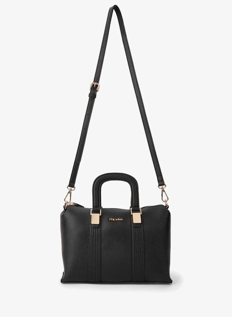 Paprika BLACK Textured Tote Bag with Detachable Strap and Zip Closure for Women | Best Price UAE
