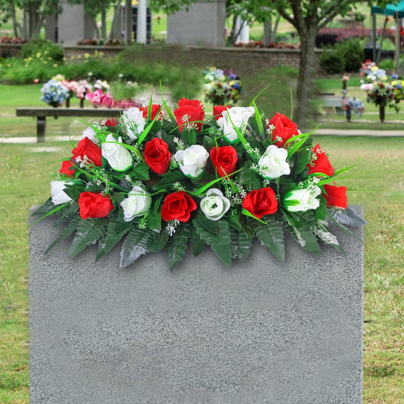 LVXINLI Artificial Cemetery Flower-Outdoor Grave Saddle Headstone Decorations,Red and White Rose Memorial Day Flowers for gravesite (Red and White)â€¦ - Image 1