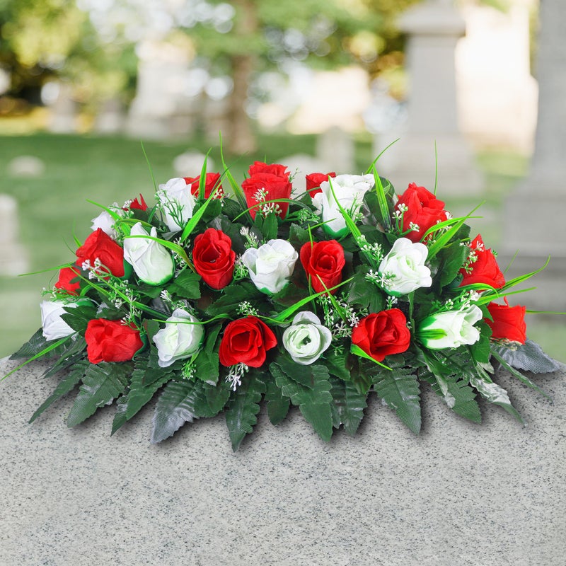 LVXINLI Artificial Cemetery Flower-Outdoor Grave Saddle Headstone Decorations,Red and White Rose Memorial Day Flowers for gravesite (Red and White)â€¦ - Image 3