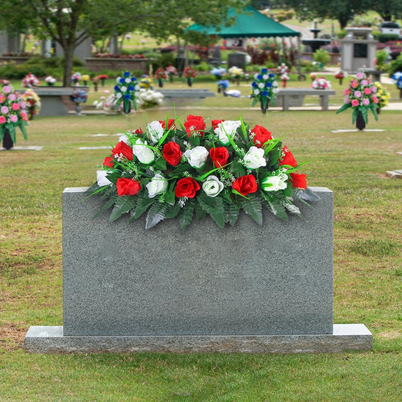 LVXINLI Artificial Cemetery Flower-Outdoor Grave Saddle Headstone Decorations,Red and White Rose Memorial Day Flowers for gravesite (Red and White)â€¦ - Image 2