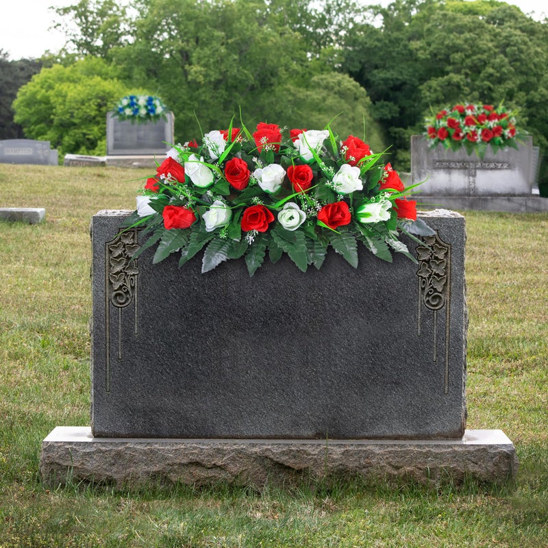 LVXINLI Artificial Cemetery Flower-Outdoor Grave Saddle Headstone Decorations,Red and White Rose Memorial Day Flowers for gravesite (Red and White)â€¦ - Image 4