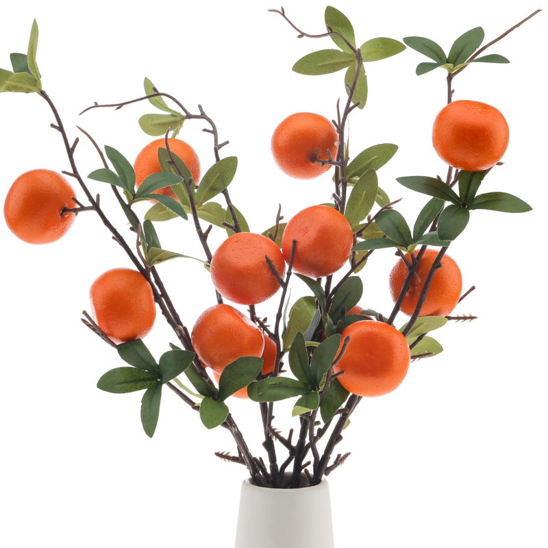 Woration مجموعة وورشن المكونة من 4 أغصان برتقال صناعية، ساق شجرة بلاستيكية تحاكي اليوسفي مع ثمار، نباتات خضراء صناعية، دعائم ديكور منزلي يمكنك صنعها بنفسك، 19.3 بوصة - Image 1