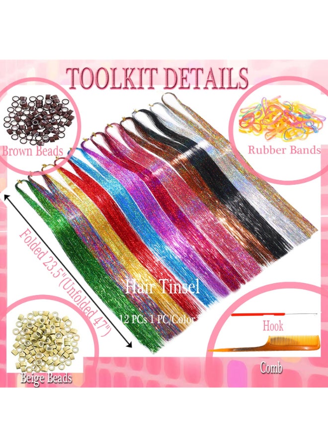 HandWig Hair Tinsel Tools KitFairy Hair Strands for Women12 Colors with Tools 47 InchesEasy Apply Hair Highlights for Party Festival Daily Use - Image 4