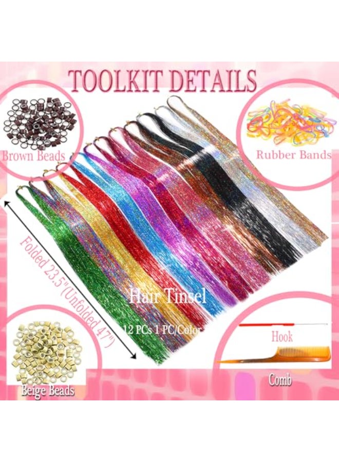 HandWig Hair Tinsel Tools KitFairy Hair Strands for Women12 Colors with Tools 47 InchesEasy Apply Hair Highlights for Party Festival Daily Use - Image 3